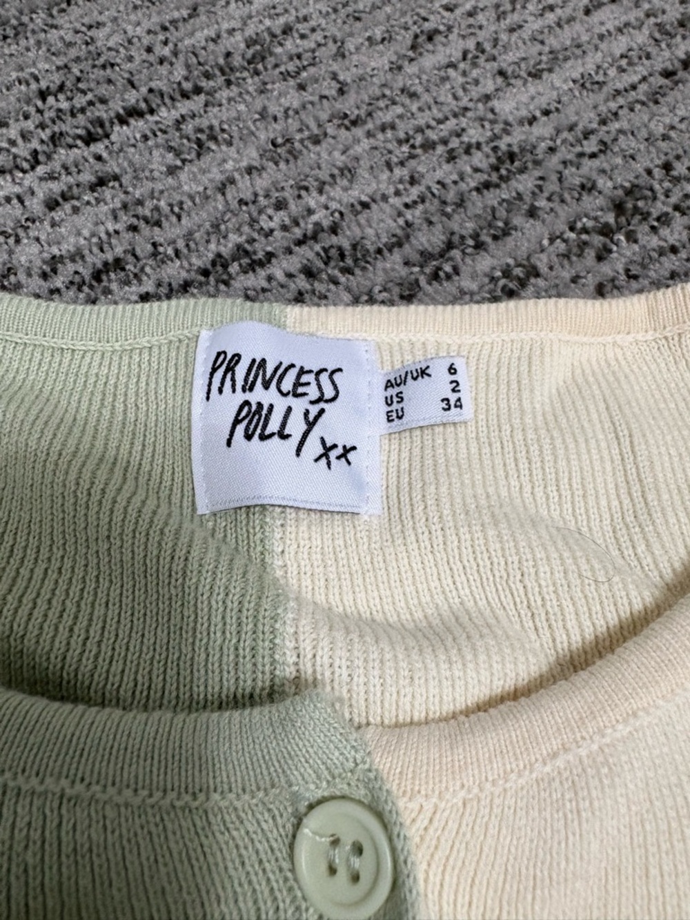 Princess Polly Two-Tone Cropped Knit Cardigan in Sage & Cream - Picture 2 of 6